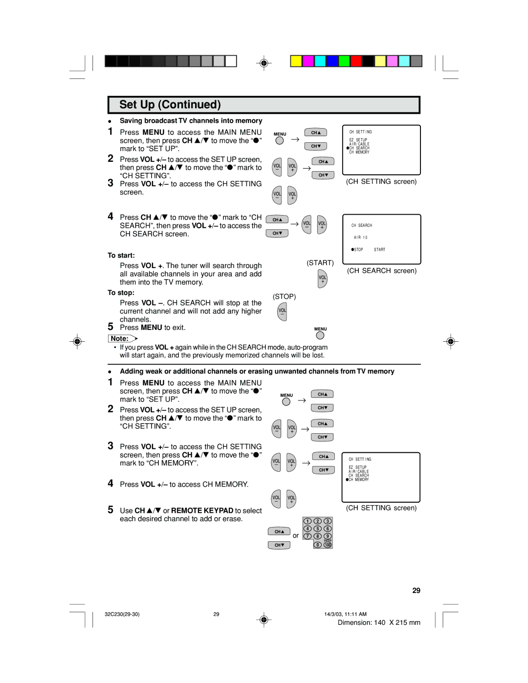 Sharp 32C230 operation manual Saving broadcast TV channels into memory, To start, To stop, Start Stop, CH Setting 