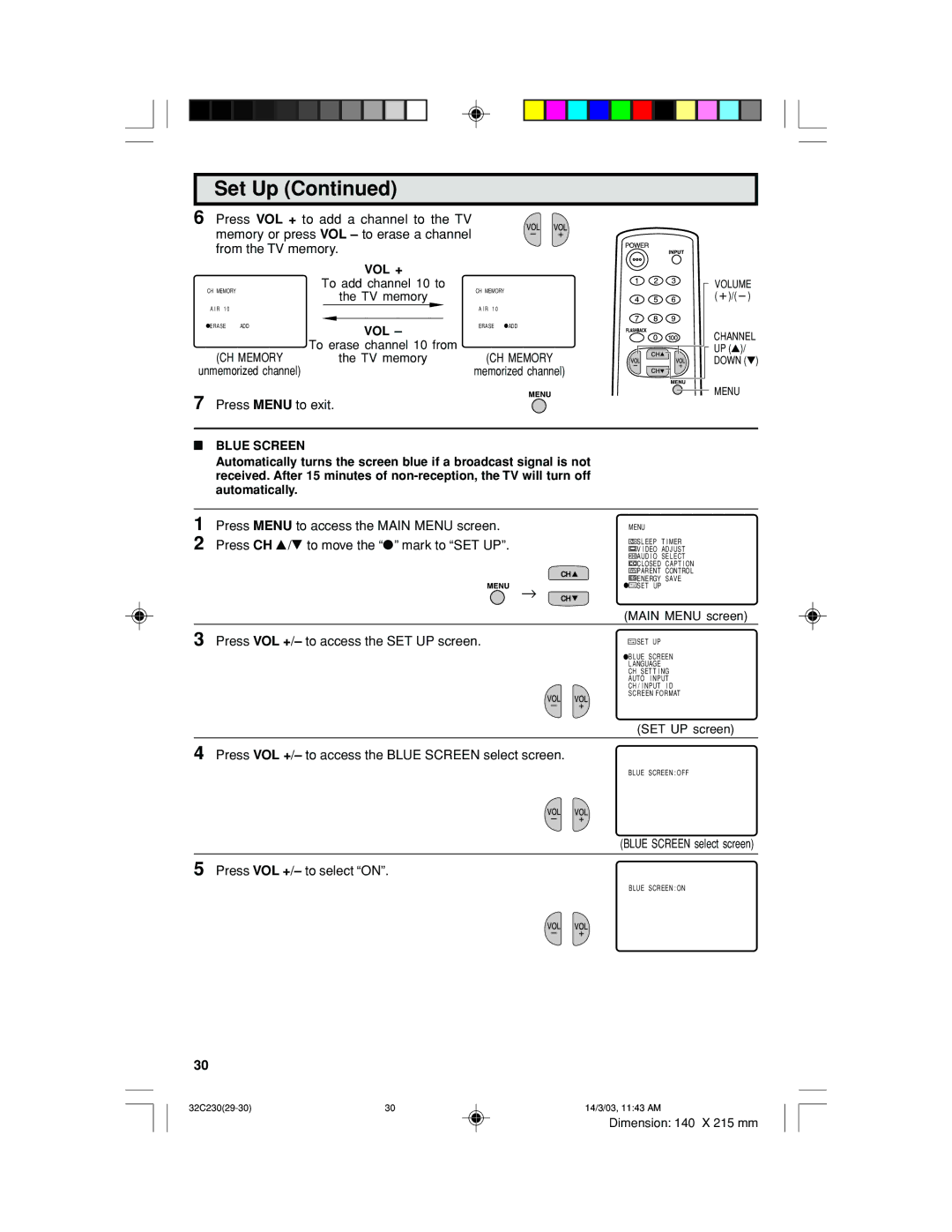 Sharp 32C230 operation manual Vol +, CH Memory, Blue Screen 