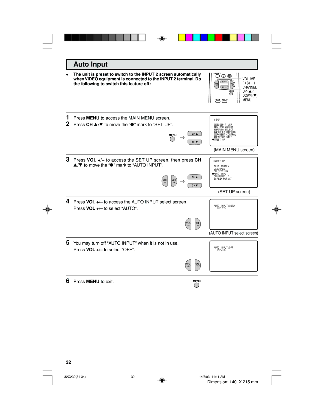 Sharp 32C230 operation manual Auto Input 