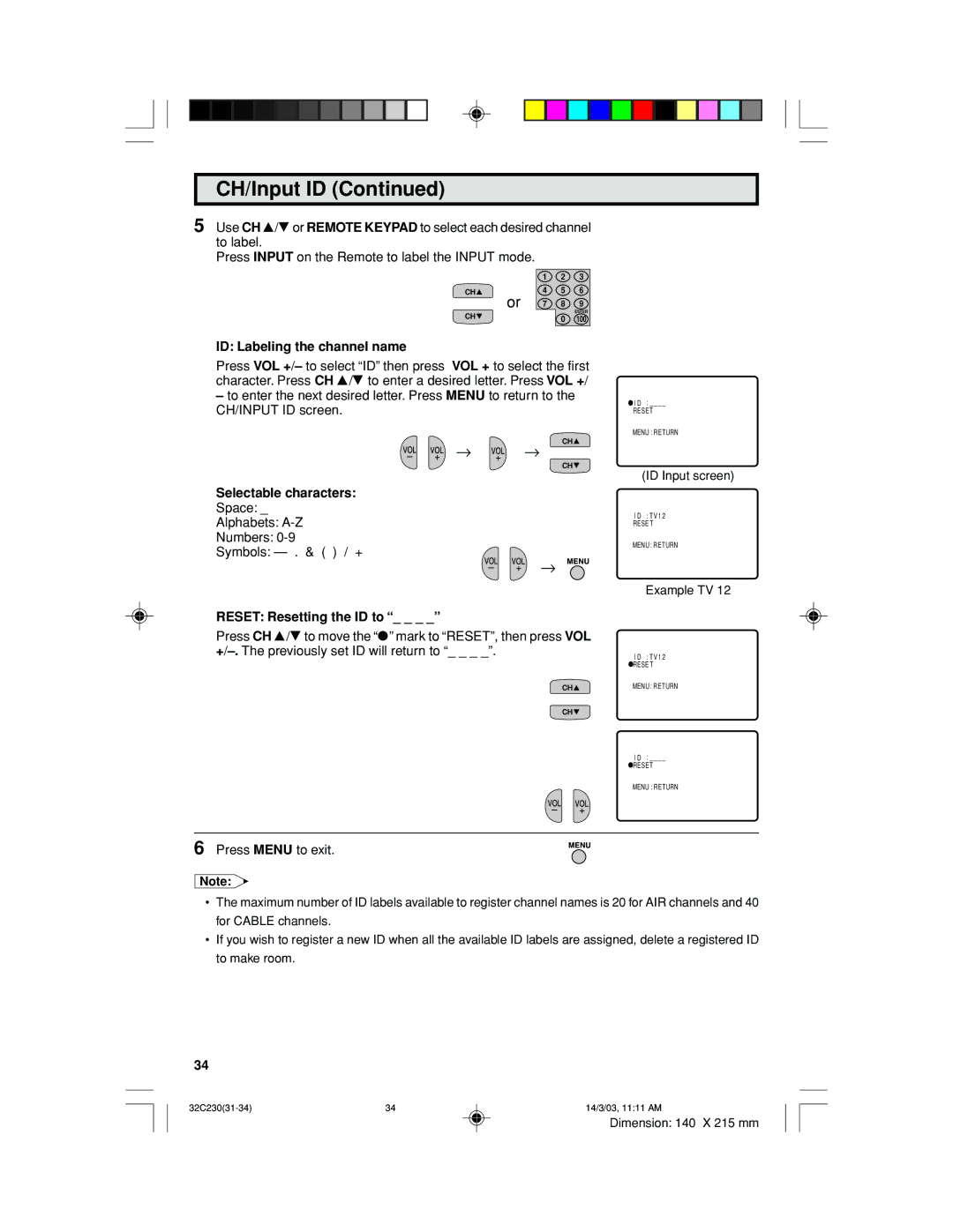 Sharp 32C230 operation manual ID Labeling the channel name, Selectable characters, Reset Resetting the ID to 