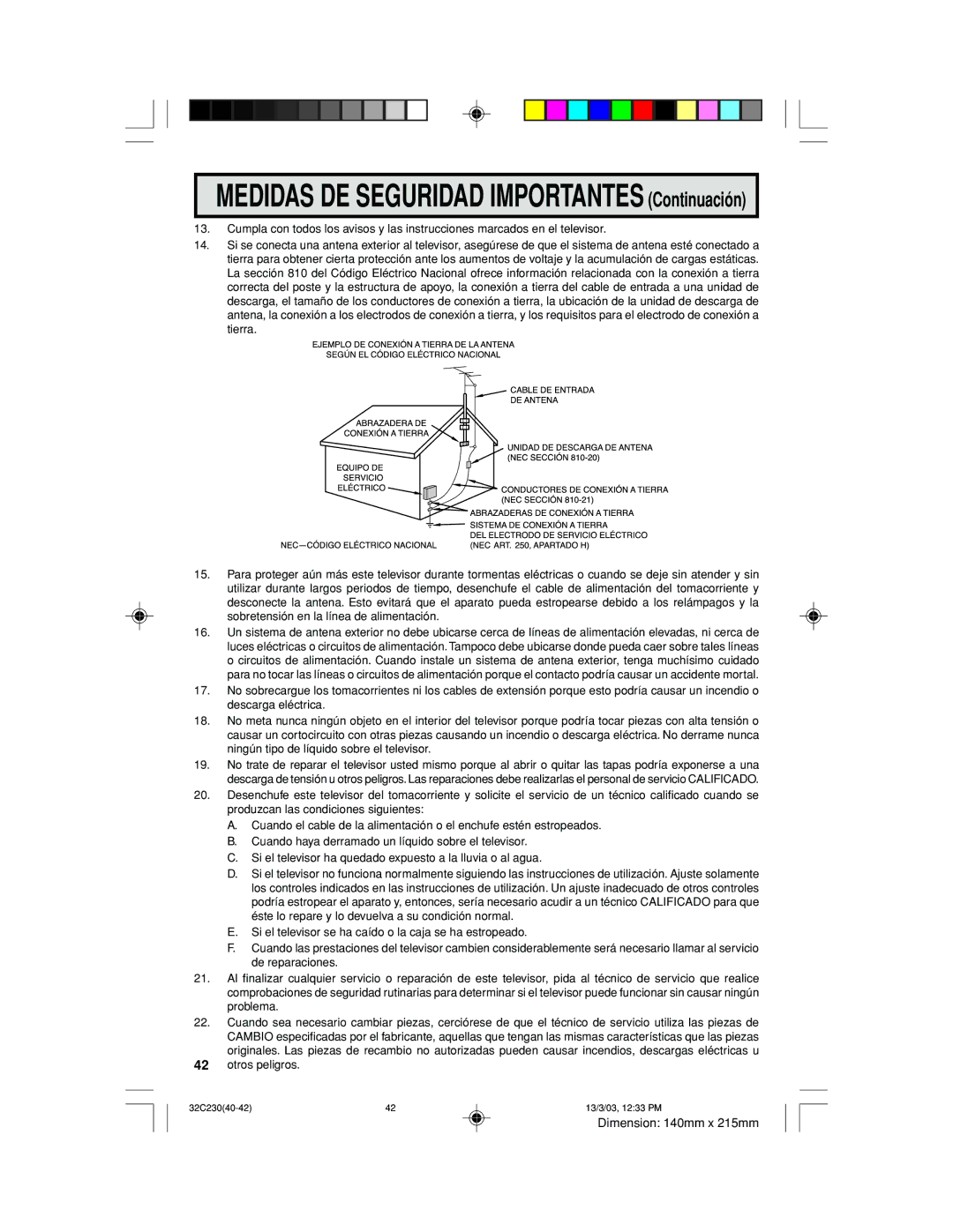 Sharp 32C230 operation manual Medidas DE Seguridad Importantes Continuación 