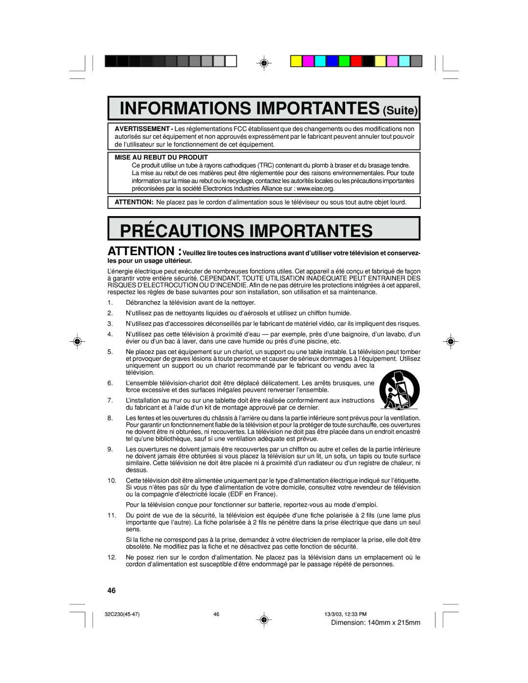 Sharp 32C230 operation manual Précautions Importantes 