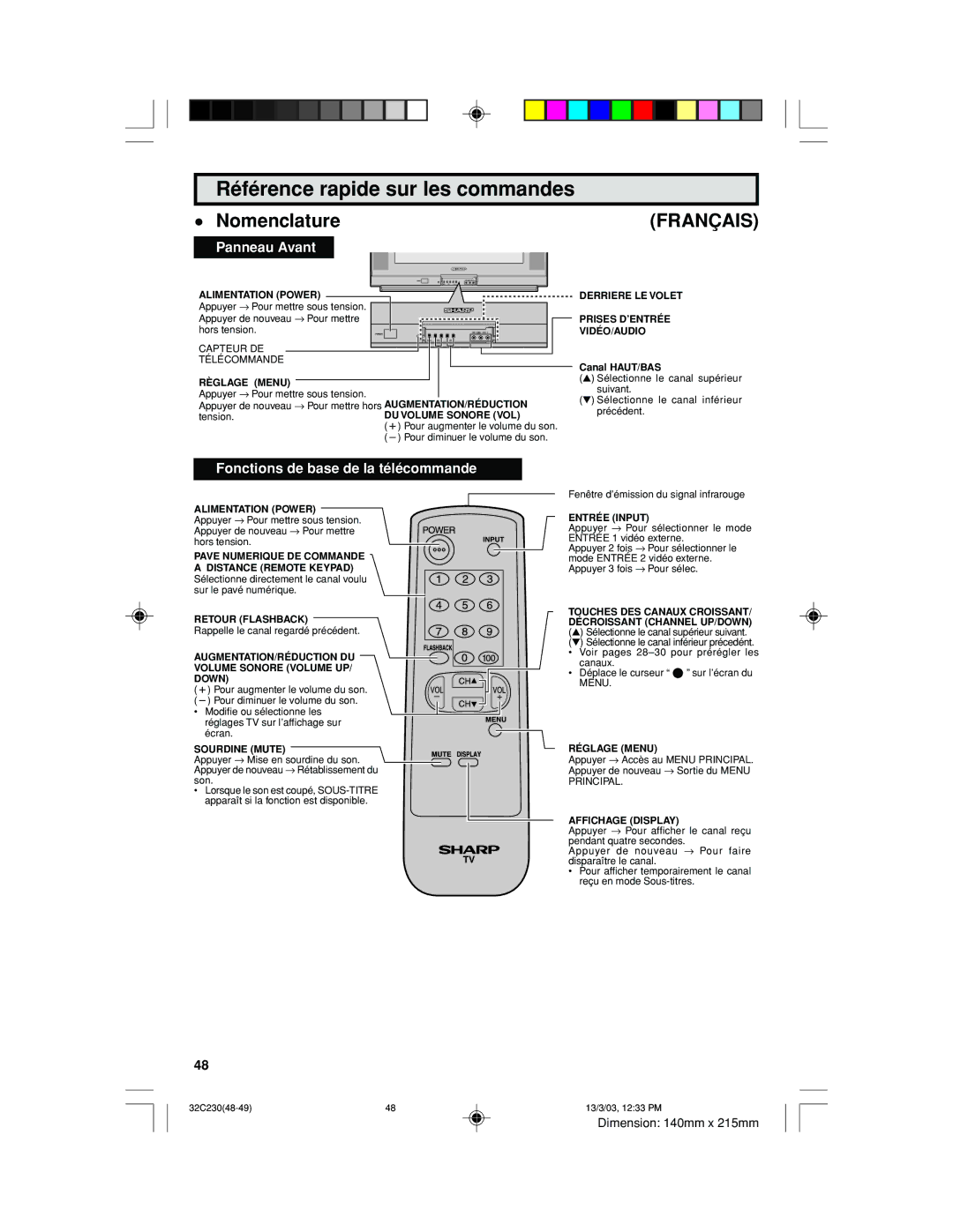 Sharp 32C230 operation manual Référence rapide sur les commandes, Nomenclature 