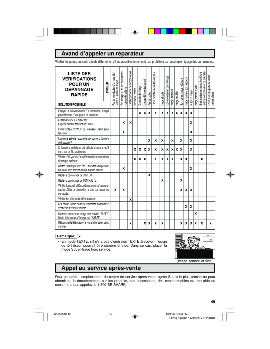 Sharp 32C230 operation manual Avand d’appeler un réparateur, Appel au service après-vente, Remarque 