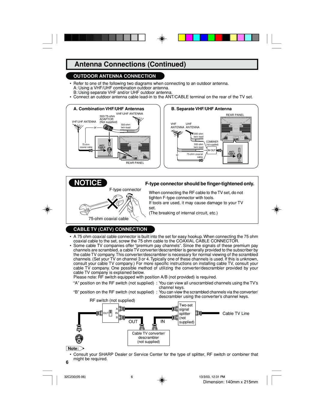 Sharp 32C230 operation manual Combination VHF/UHF Antennas Separate VHF/UHF Antenna, Out 