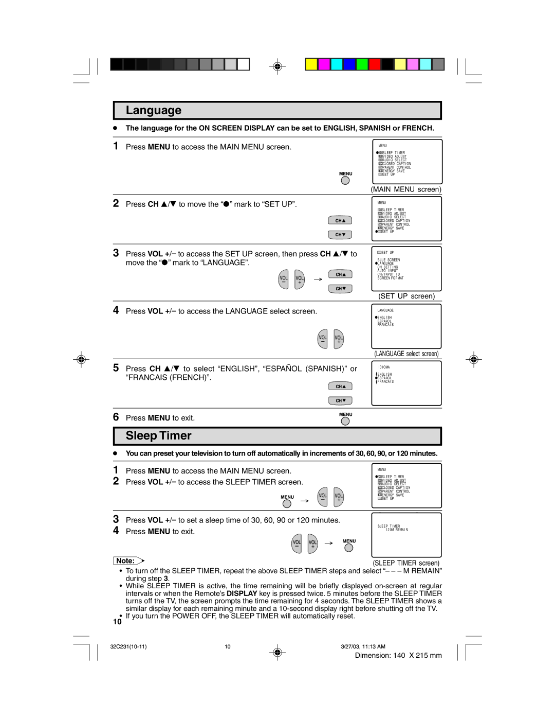 Sharp 32C231 operation manual Language, Sleep Timer 