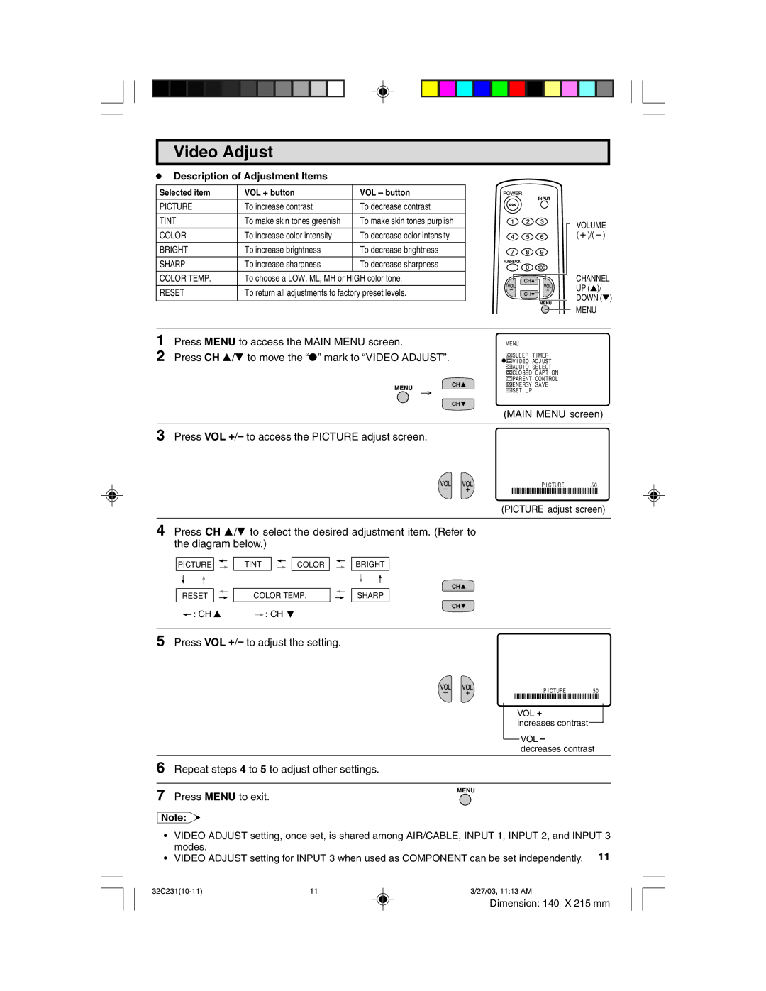 Sharp 32C231 operation manual Video Adjust, ¥ Description of Adjustment Items 