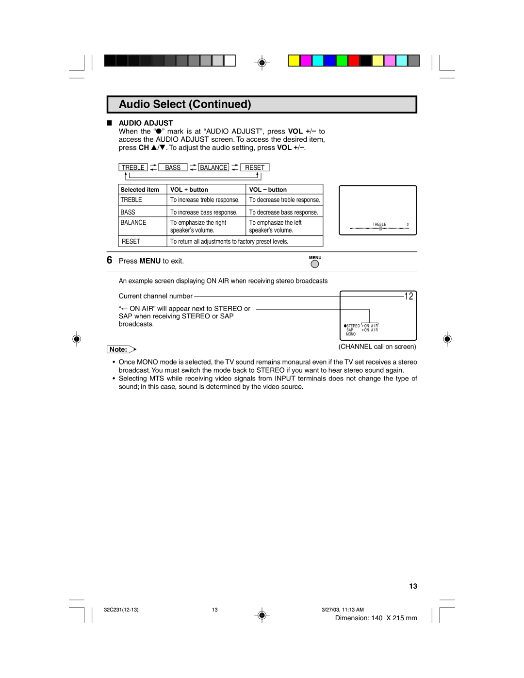 Sharp 32C231 operation manual Audio Adjust, Treble Bass, Reset, Balance 