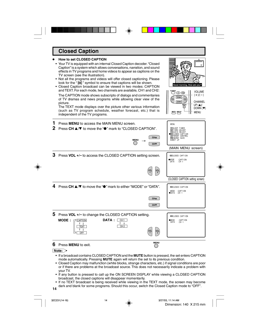 Sharp 32C231 operation manual ¥ How to set Closed Caption, Mode Data 