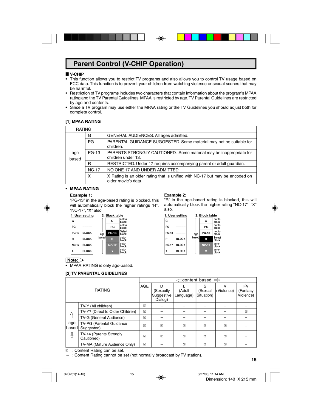 Sharp 32C231 operation manual Parent Control V-CHIP Operation, Chip, ¥ Mpaa Rating, TV Parental Guidelines 