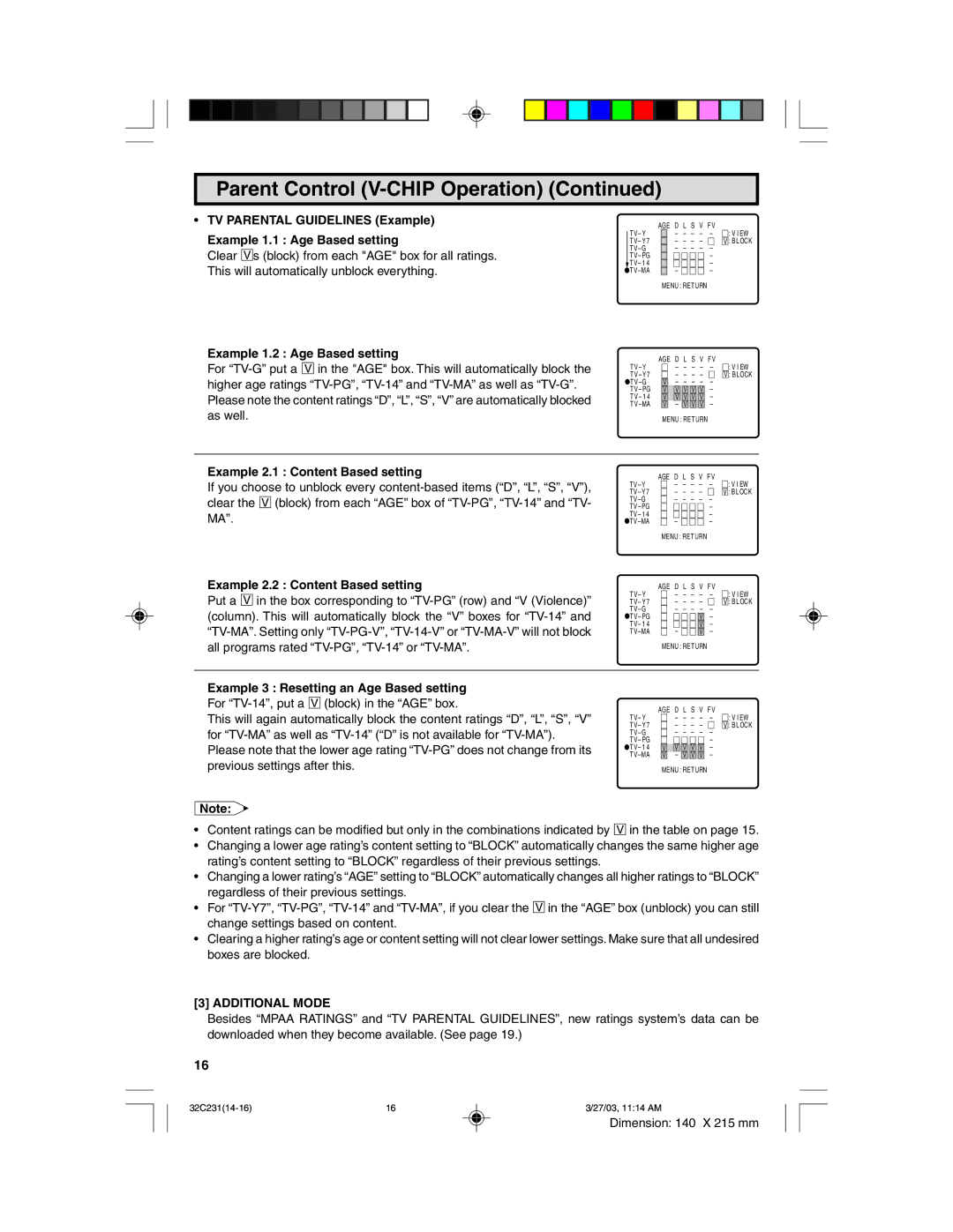 Sharp 32C231 Example 1.2 Age Based setting, Example 2.1 Content Based setting, Example 2.2 Content Based setting 