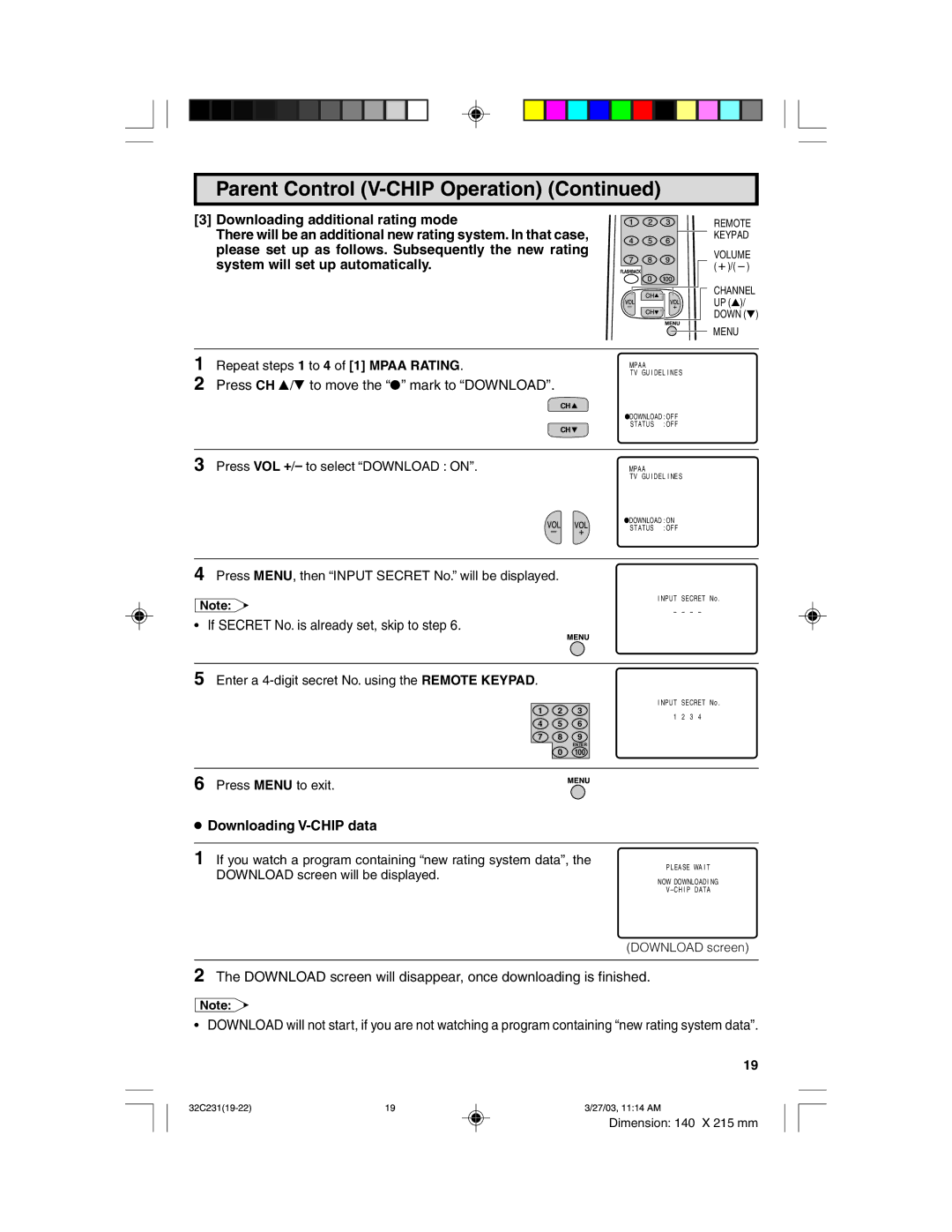 Sharp 32C231 operation manual Downloading V-CHIP data 