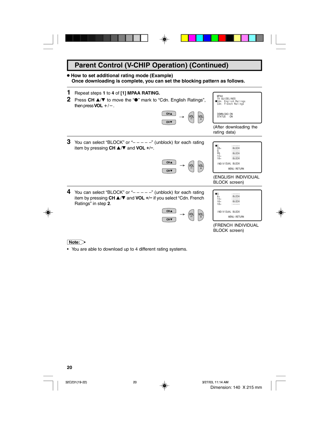 Sharp 32C231 operation manual Repeat steps 1 to 4 of 1 Mpaa Rating 