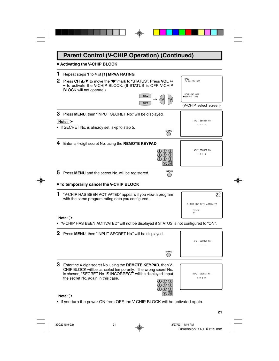 Sharp 32C231 operation manual ¥ Activating the V-CHIP Block, Secret No. again in this case 