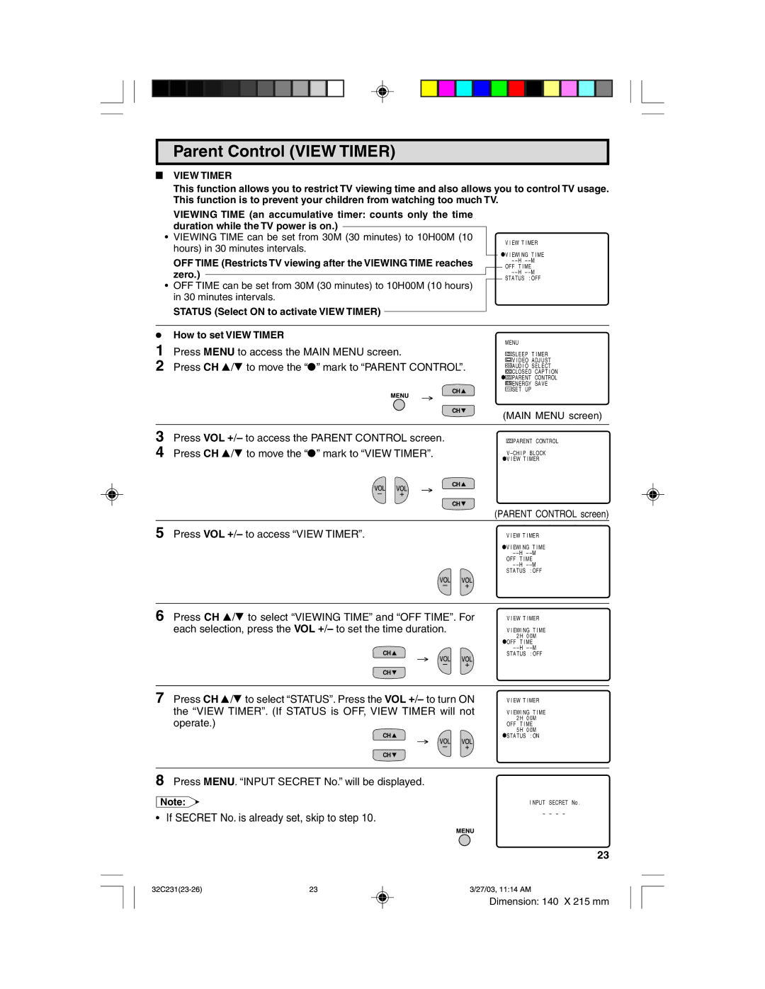 Sharp 32C231 operation manual Parent Control View Timer, Status Select on to activate View Timer, ¥ How to set View Timer 