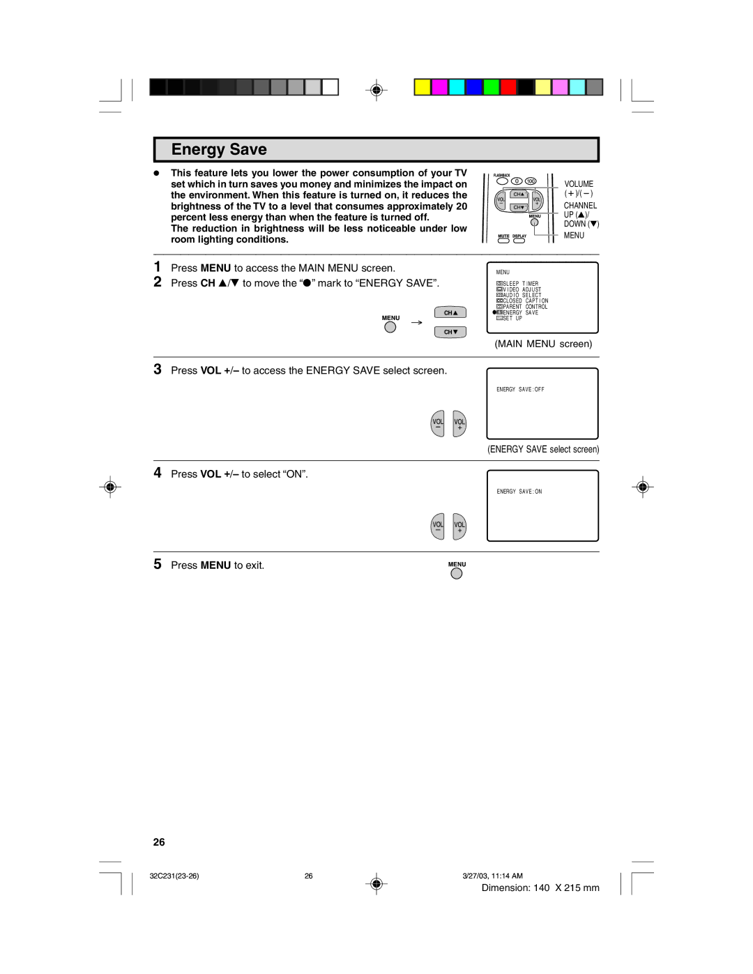 Sharp 32C231 operation manual Energy Save 