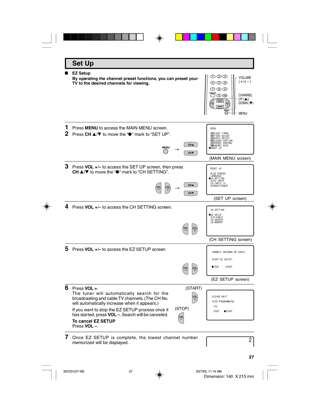 Sharp 32C231 operation manual Set Up, To cancel EZ Setup 