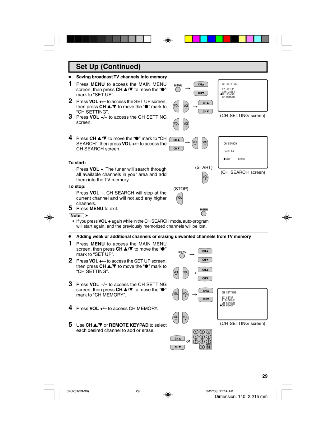 Sharp 32C231 operation manual ¥ Saving broadcast TV channels into memory, ÒCH Settingó, To start, To stop, Start Stop 