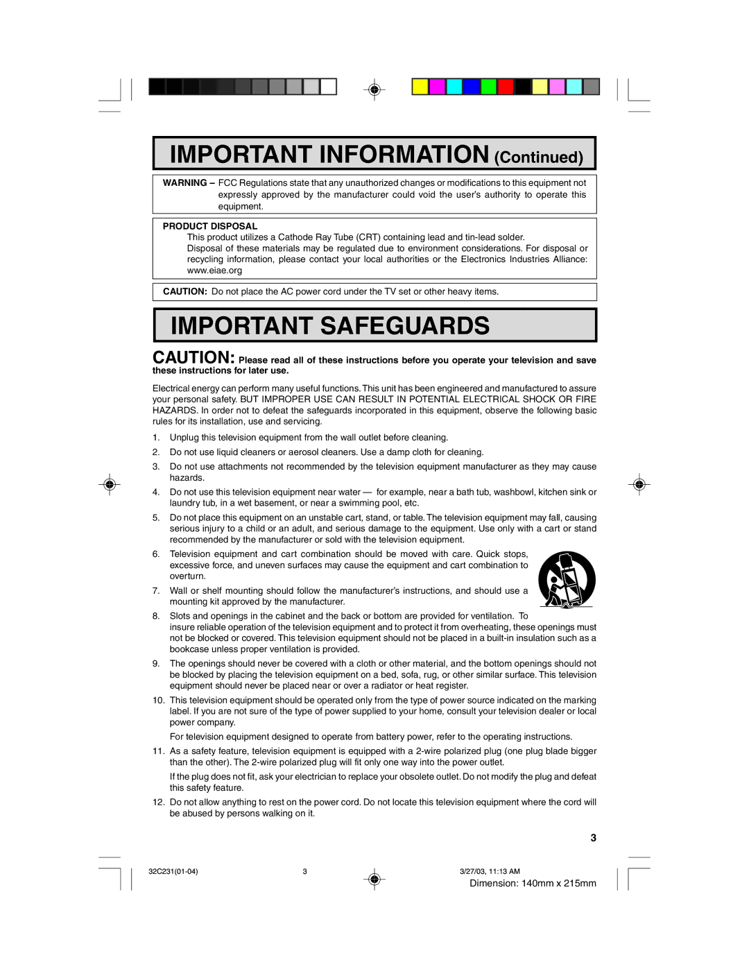 Sharp 32C231 operation manual Important Safeguards 