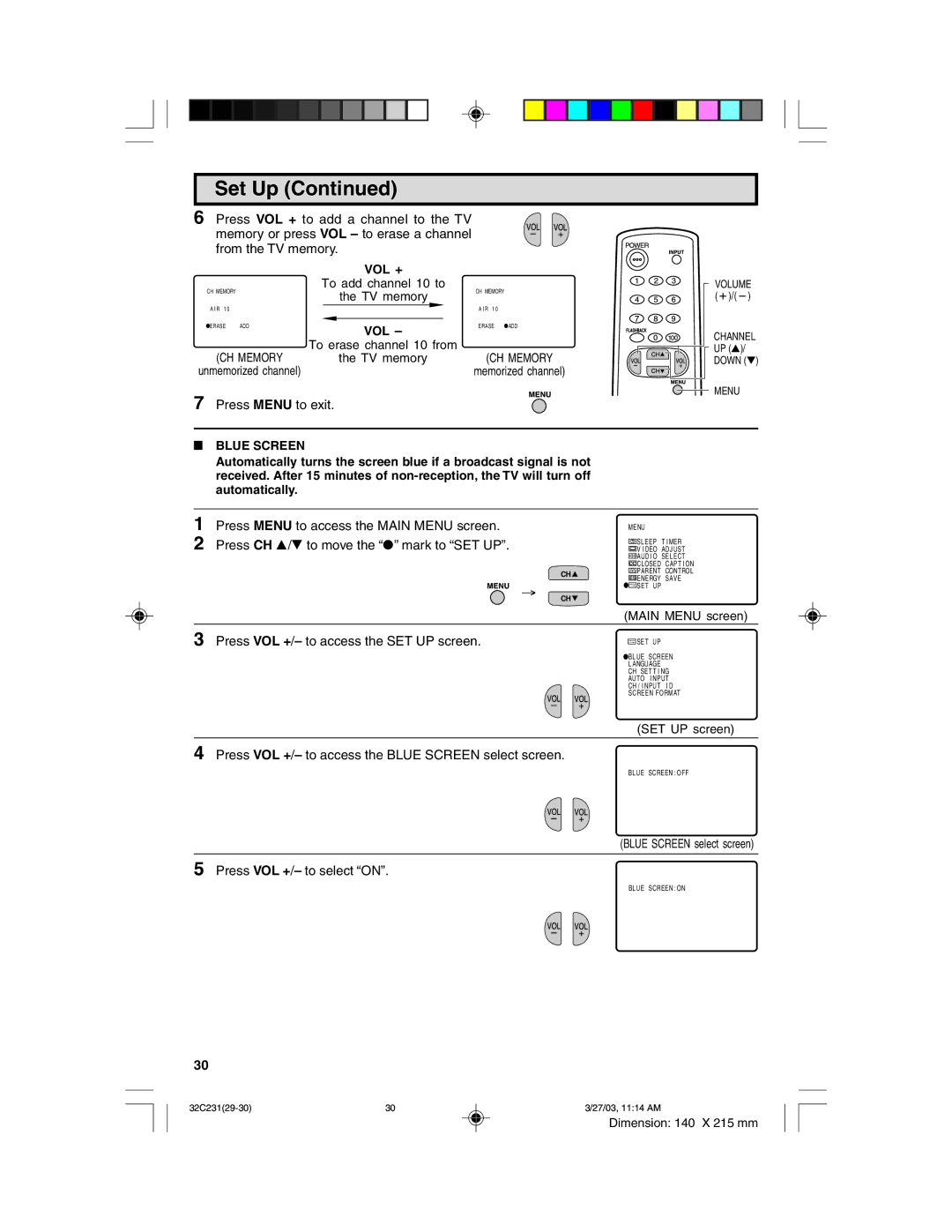 Sharp 32C231 operation manual Vol +, CH Memory, Blue Screen 