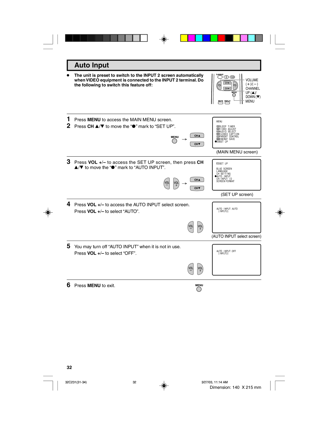 Sharp 32C231 operation manual Auto Input 