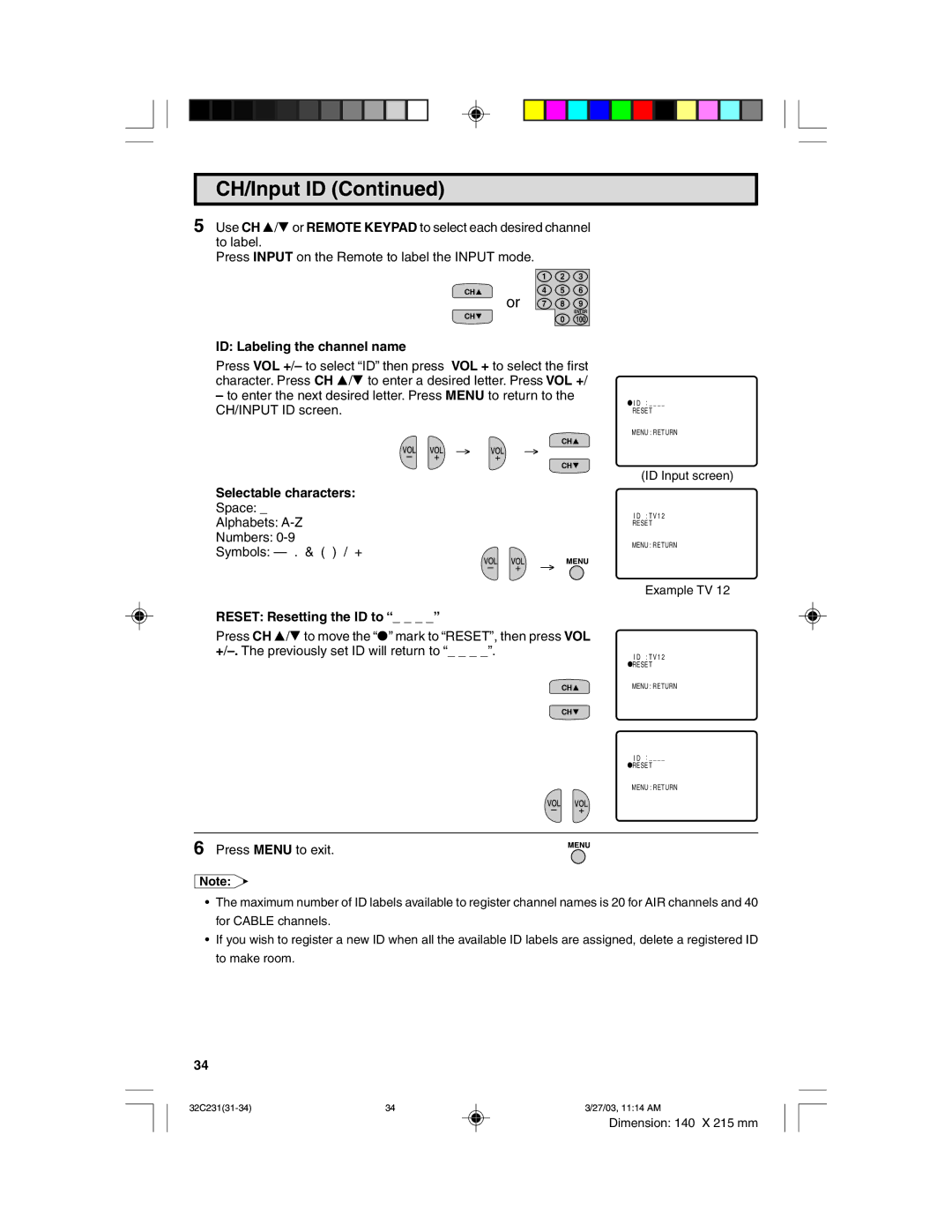 Sharp 32C231 operation manual ID Labeling the channel name, Selectable characters, Reset Resetting the ID to Ò Ó 