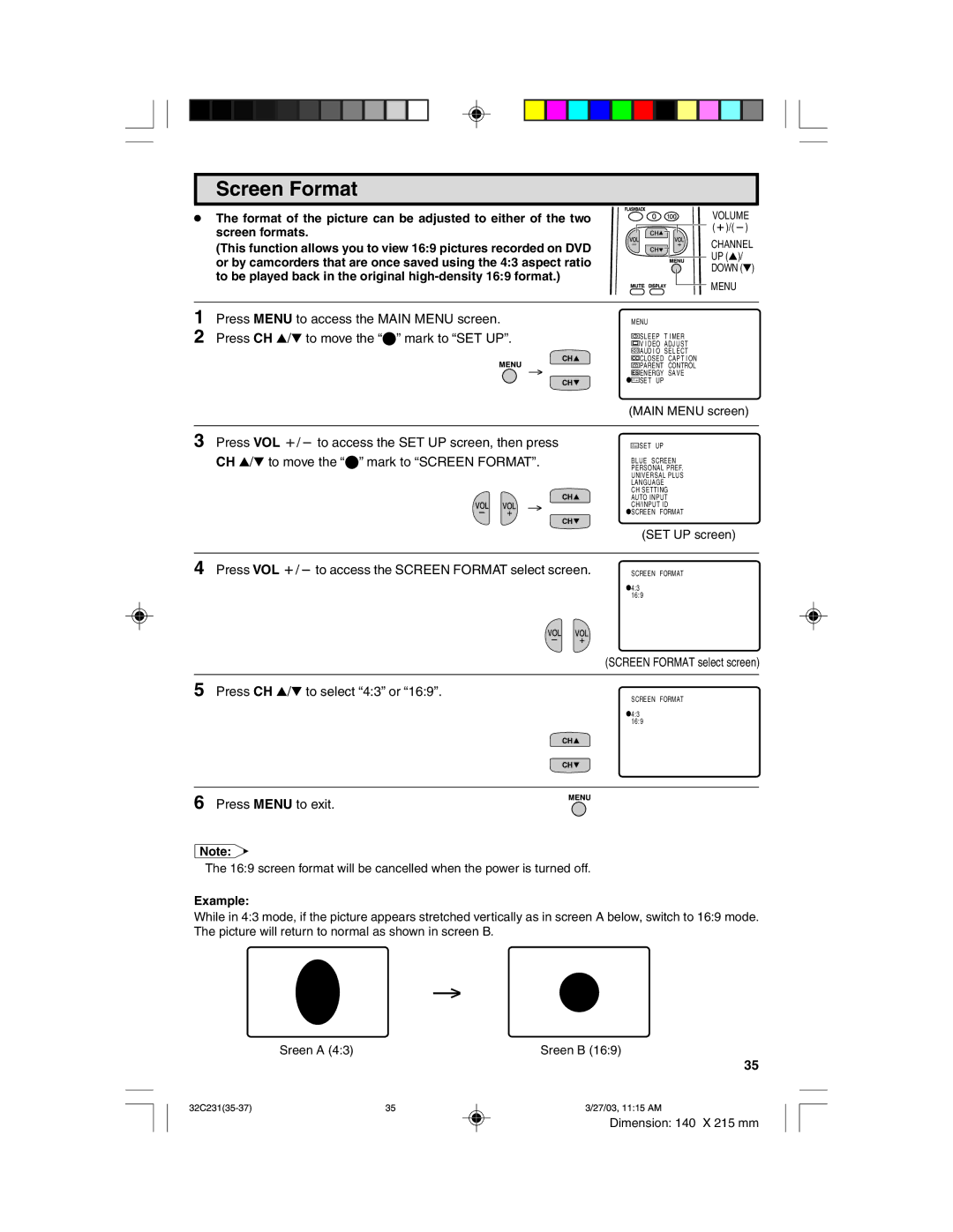 Sharp 32C231 operation manual Screen Format, Screen formats, To be played back in the original high-density 169 format 