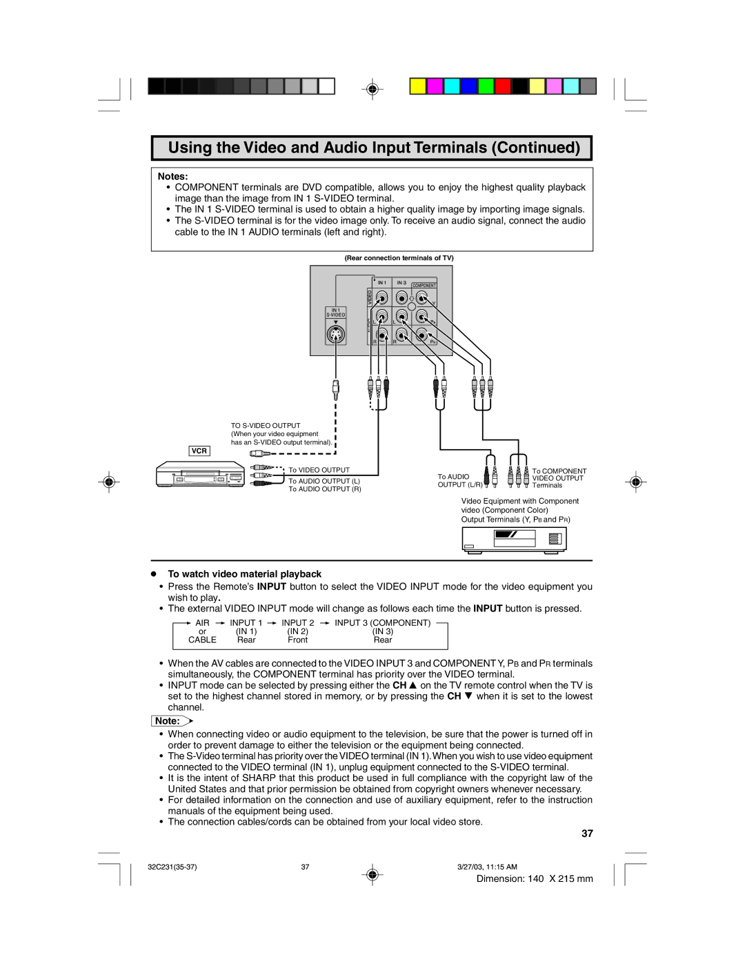 Sharp 32C231 operation manual ¥ To watch video material playback, Vcr 