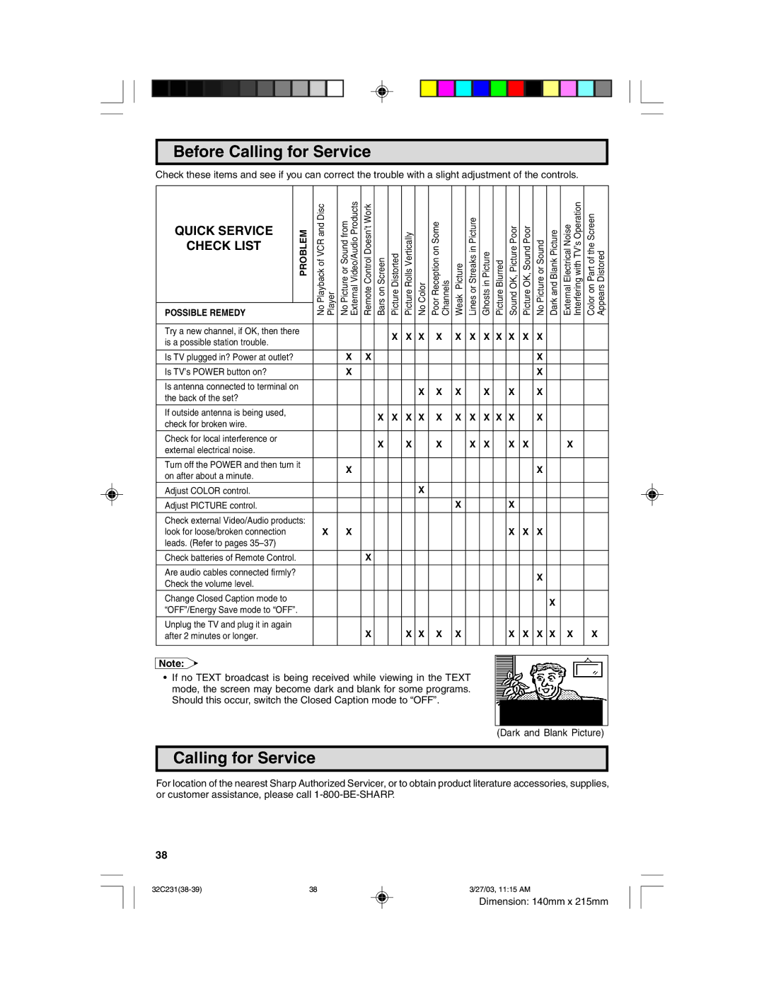 Sharp 32C231 operation manual Before Calling for Service 