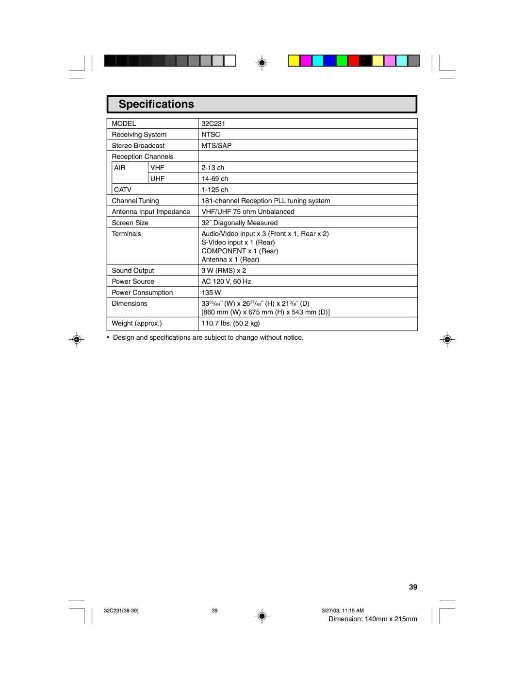 Sharp 32C231 operation manual Specifications 