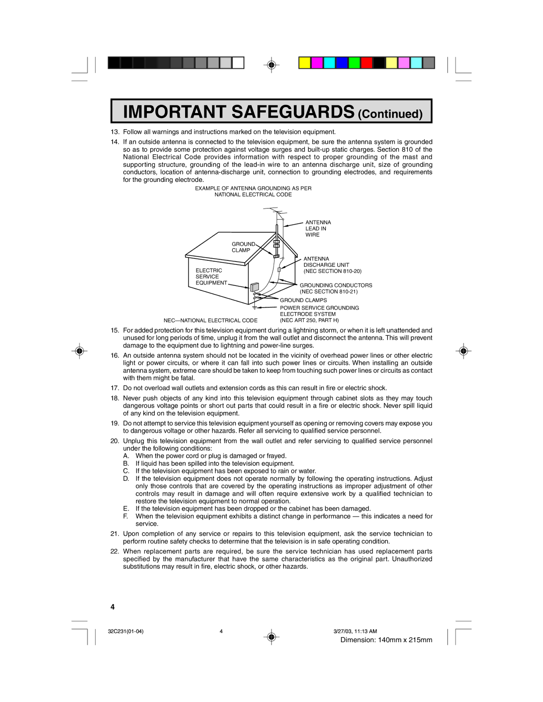 Sharp 32C231 operation manual Important Safeguards 