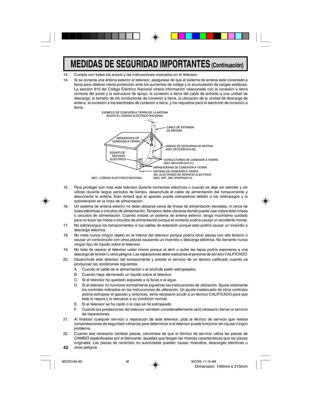 Sharp 32C231 operation manual Medidas DE Seguridad Importantes Continuaci-n 