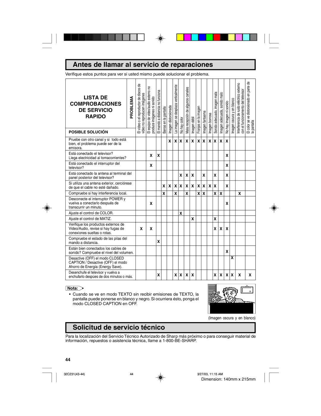 Sharp 32C231 operation manual Antes de llamar al servicio de reparaciones, Solicitud de servicio tŽcnico, Nota 