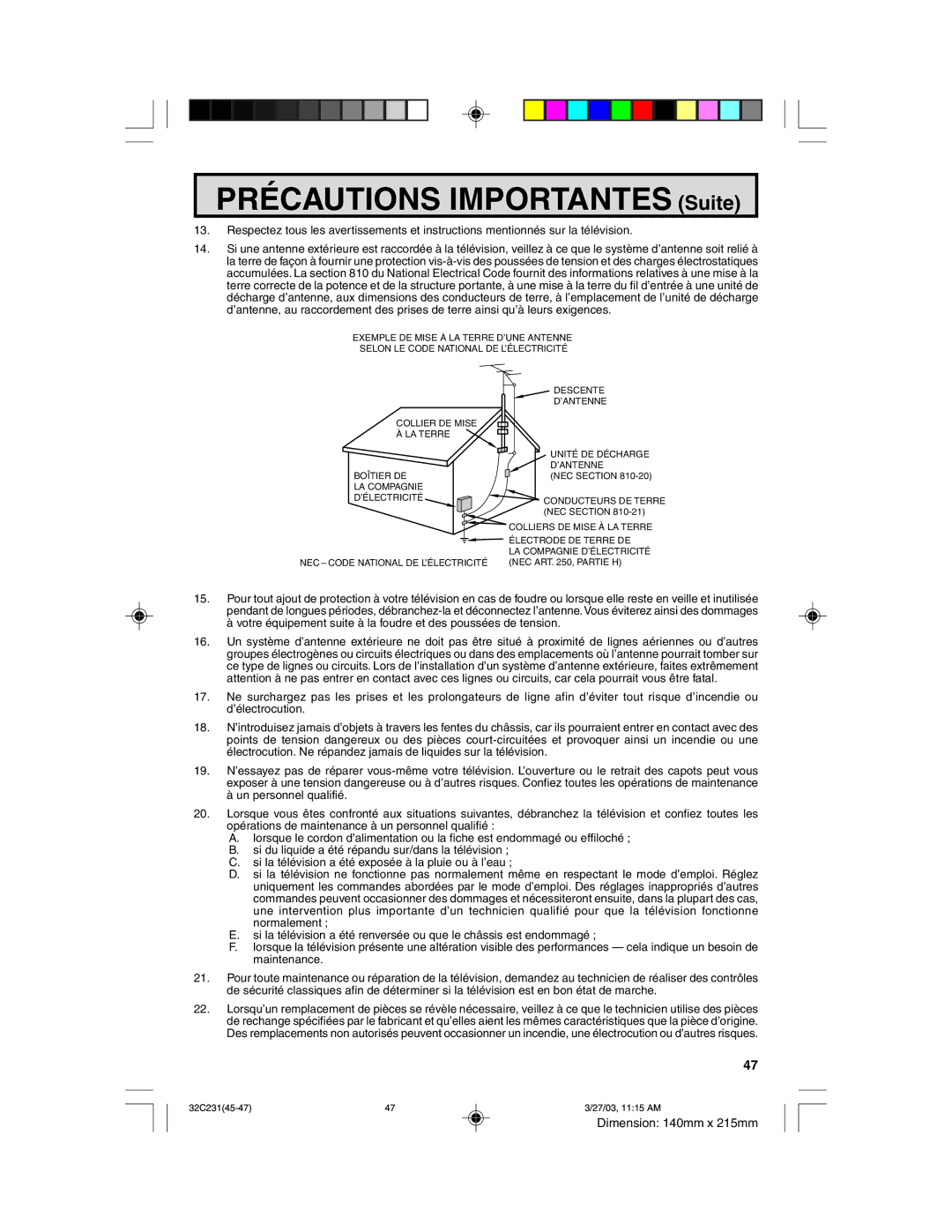 Sharp 32C231 operation manual PRƒCAUTIONS Importantes Suite 