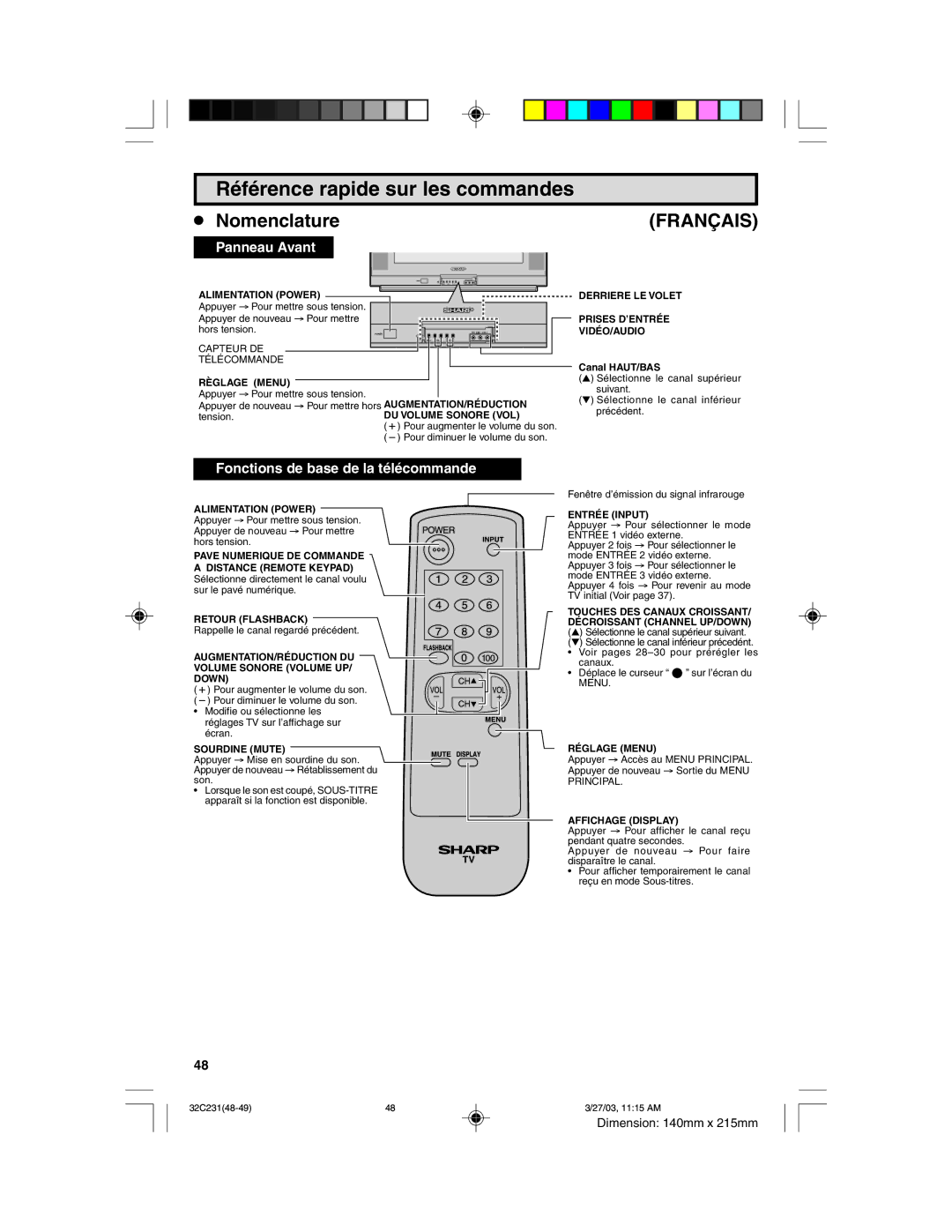 Sharp 32C231 operation manual RŽfŽrence rapide sur les commandes, ¥ Nomenclature 