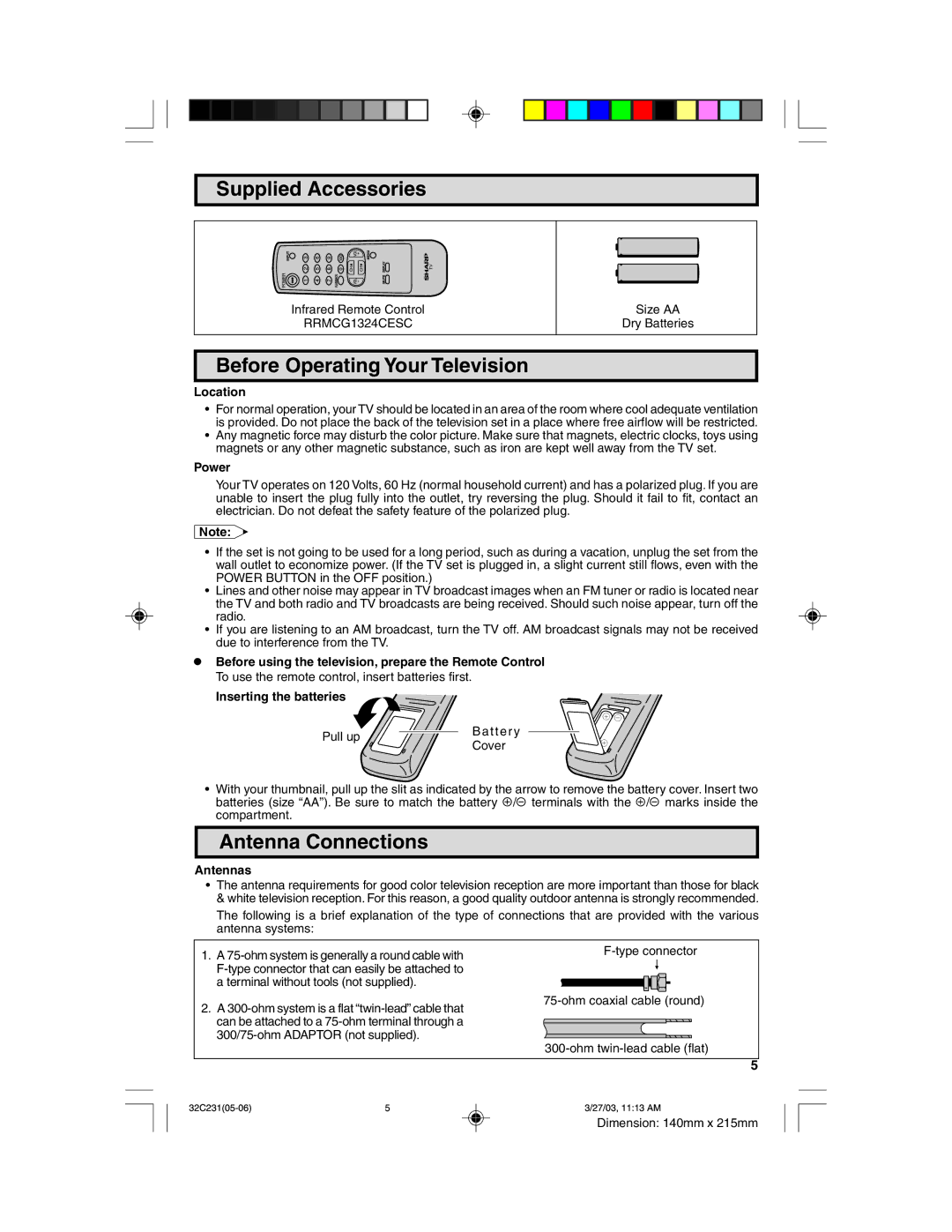 Sharp 32C231 operation manual Supplied Accessories, Before Operating Your Television, Antenna Connections 