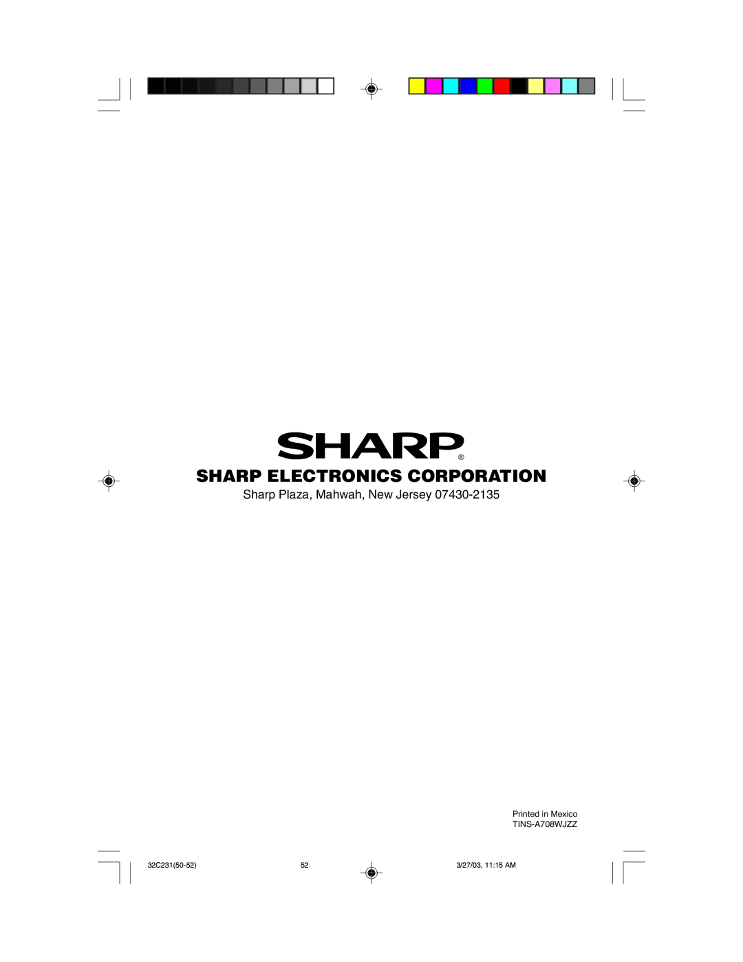 Sharp 32C231 operation manual Sharp Electronics Corporation 