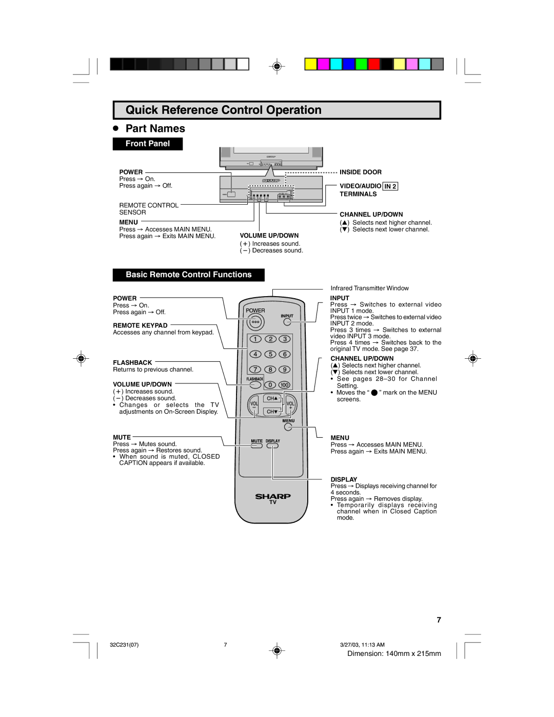 Sharp 32C231 operation manual Quick Reference Control Operation, ¥ Part Names 