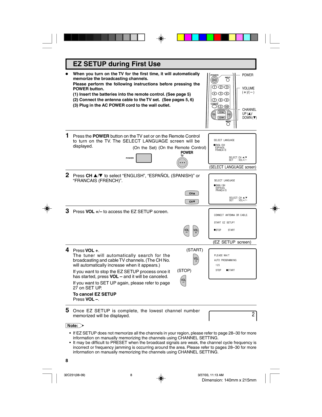 Sharp 32C231 operation manual Memorize the broadcasting channels, Òfrancais Frenchó, Start, Stop 