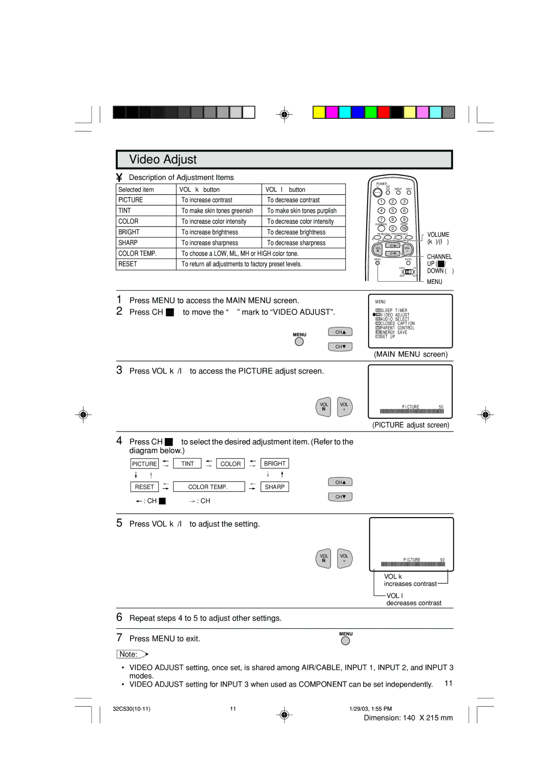 Sharp 32C530 operation manual Video Adjust, Description of Adjustment Items 