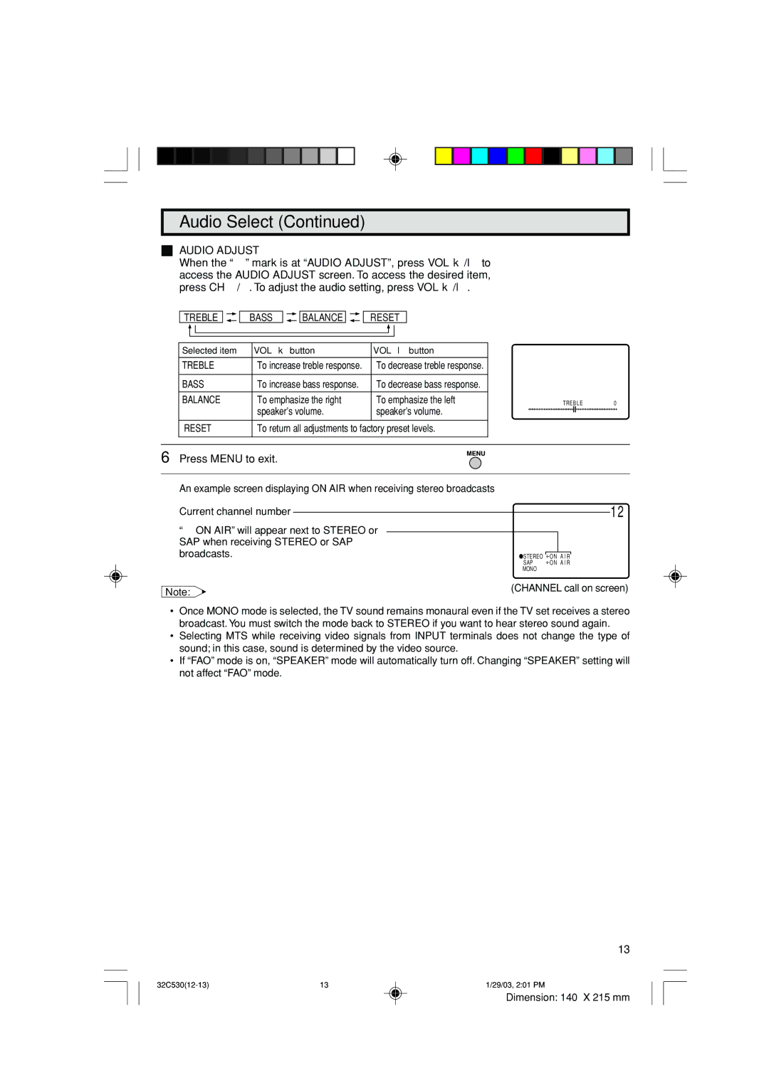 Sharp 32C530 operation manual Audio Adjust 