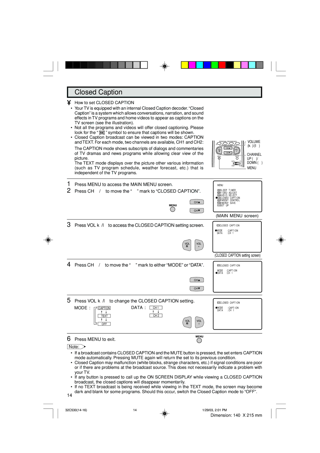 Sharp 32C530 operation manual Closed Caption, Mode Data 