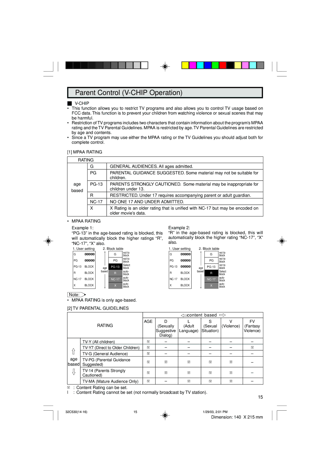 Sharp 32C530 operation manual Parent Control V-CHIP Operation, Chip, Mpaa Rating, TV Parental Guidelines 