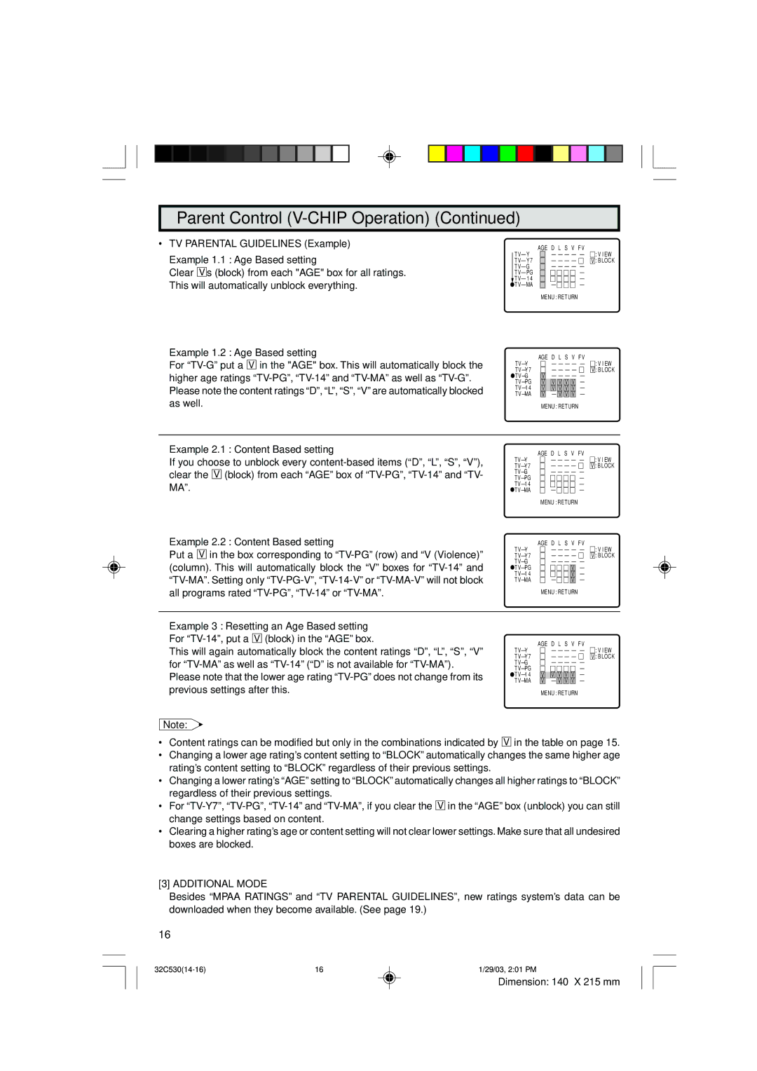 Sharp 32C530 Example 1.2 Age Based setting, Example 2.1 Content Based setting, Example 2.2 Content Based setting 