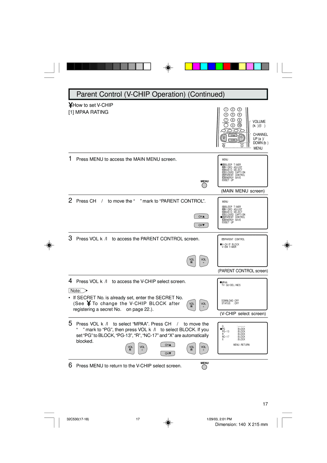 Sharp 32C530 operation manual How to set V-CHIP 1 Mpaa Rating 