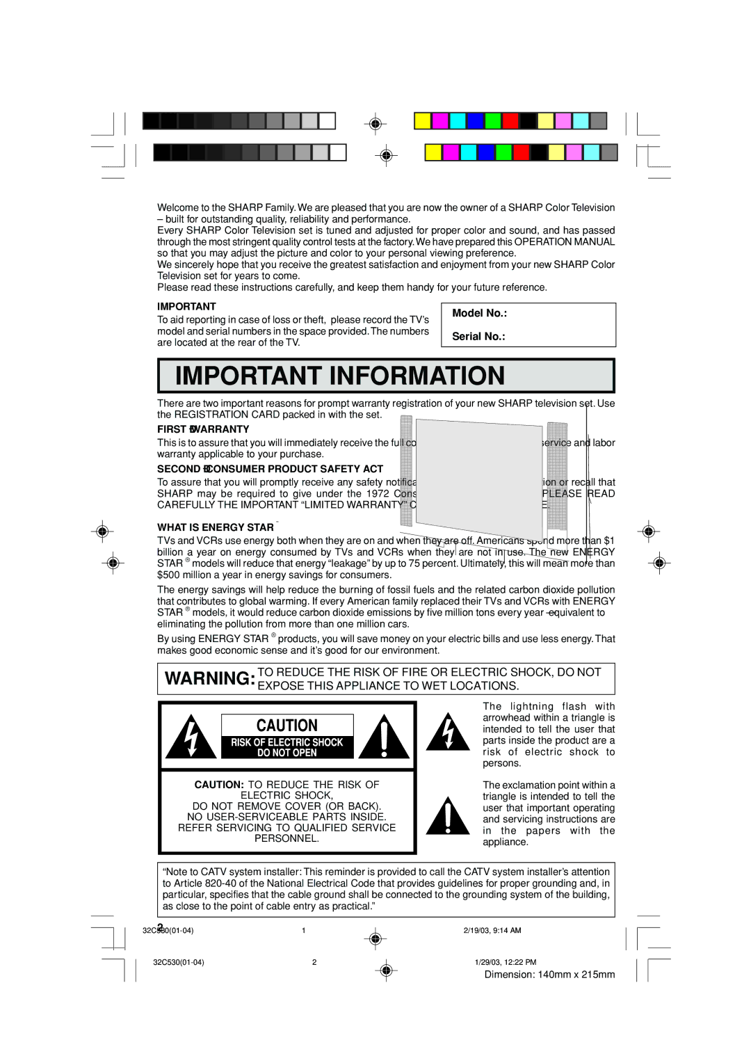 Sharp 32C530 operation manual Model No Serial No, First Warranty, Second Consumer Product Safety ACT, What is Energy Star 