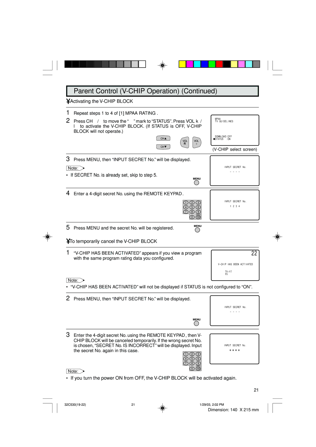 Sharp 32C530 operation manual Activating the V-CHIP Block, Secret No. again in this case 