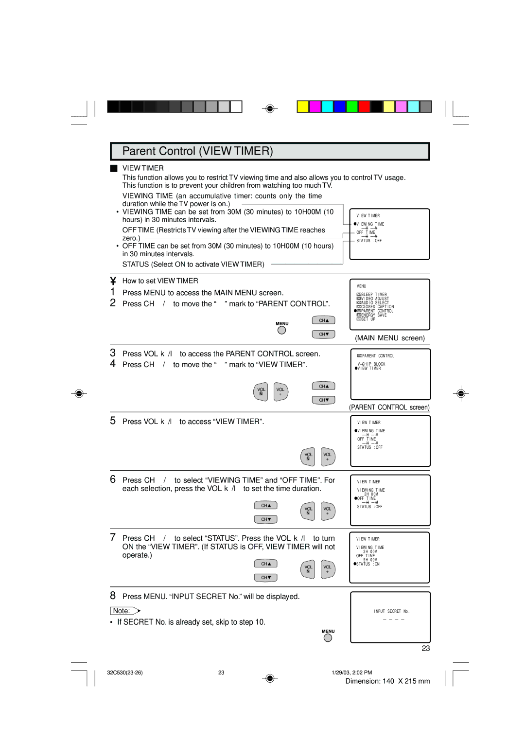 Sharp 32C530 operation manual Parent Control View Timer, Status Select on to activate View Timer, How to set View Timer 