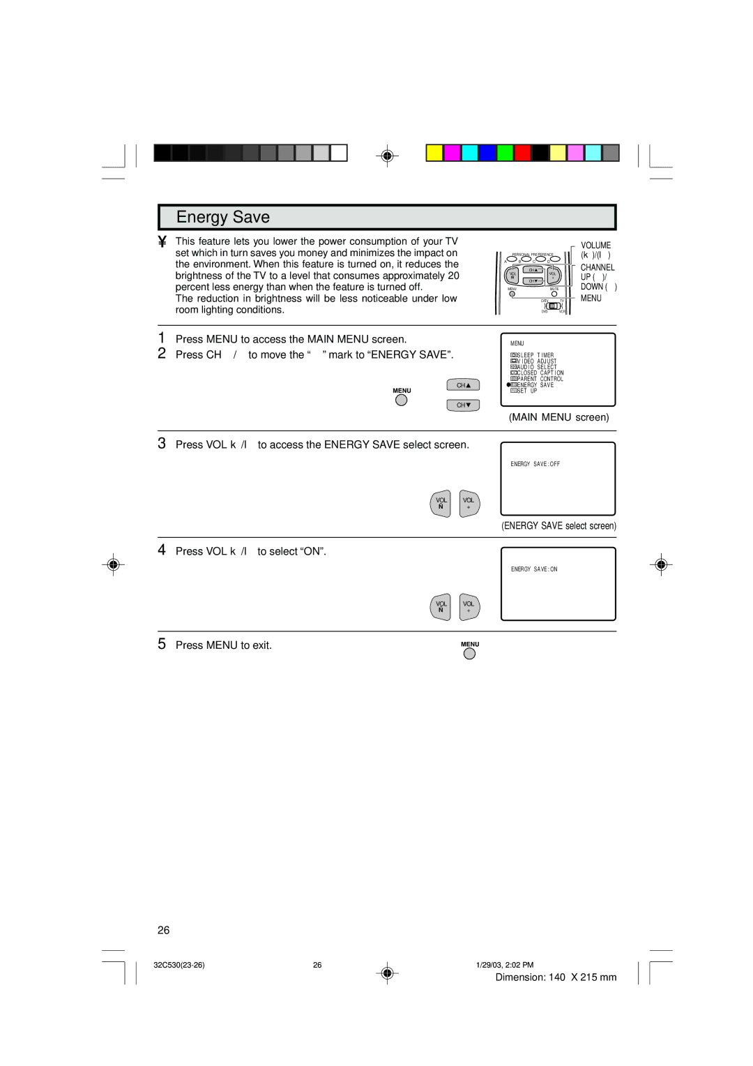 Sharp 32C530 operation manual Energy Save 