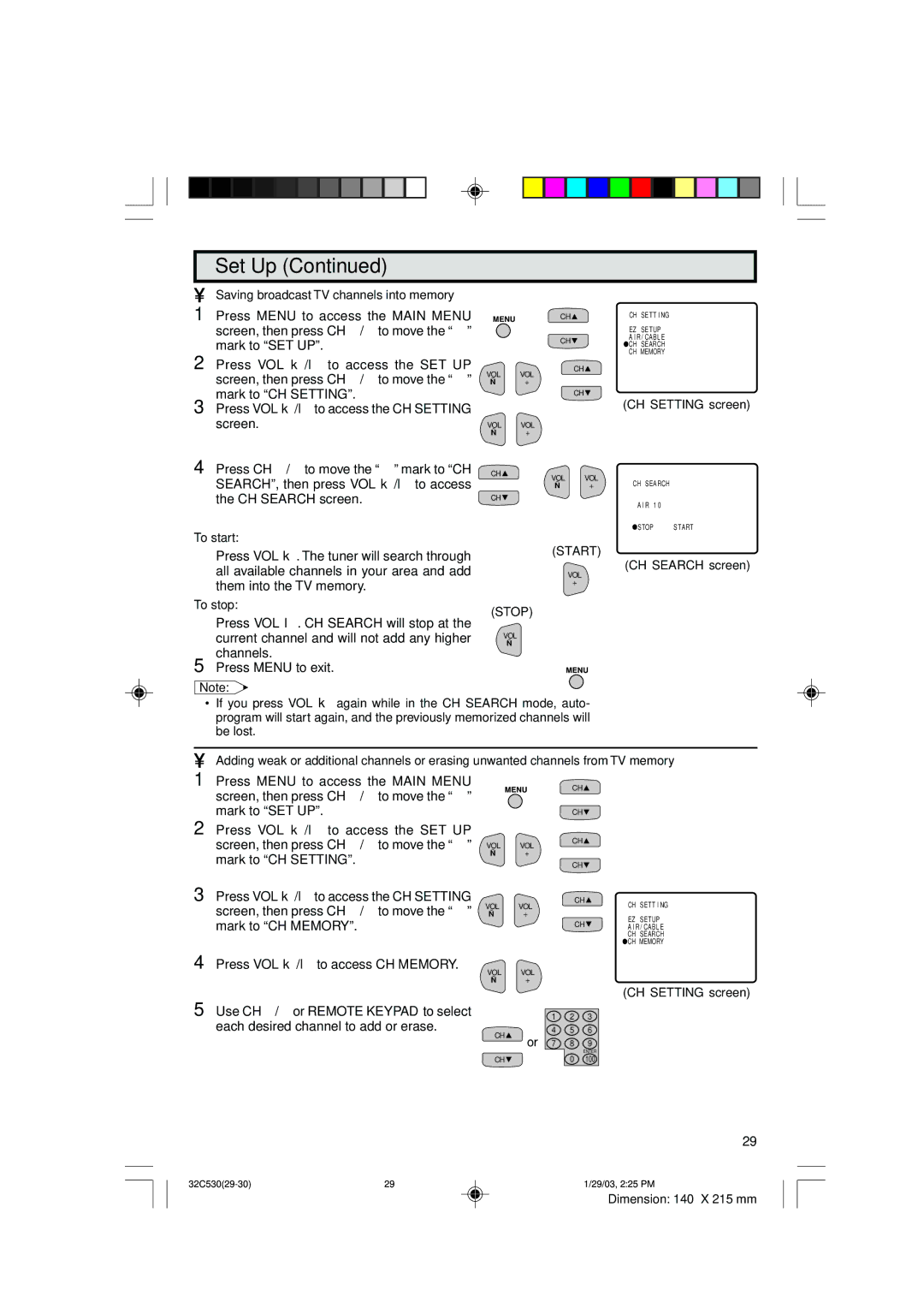 Sharp 32C530 operation manual Saving broadcast TV channels into memory, To start, To stop, Mark to CH Setting 